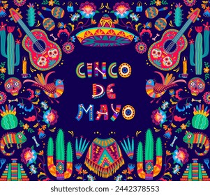 Banner de vacaciones mexicano del Cinco de Mayo con sombrero, guitarras y adorno de flores tropicales, fondo del vector. Maracas mexicanas, poncho y cactus con calavera y colibrí para la fiesta del Cinco de Mayo