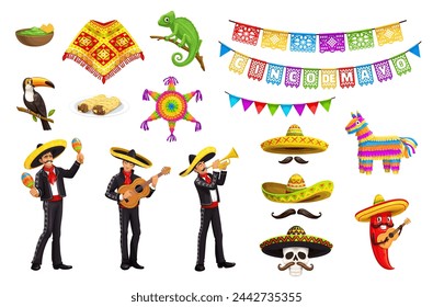 Mexican Cinco de Mayo holiday characters. Mariachi musicians, pinata and sombreros, food and pennant, vector Mexico party. Cartoon mexican men and pepper with guitar and maracas, skull with moustache
