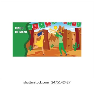 Mexican Cinco de mayo holiday with female dancers and mariachi musicians. Lively with flamenco music performances and Latino men playing trumpet in the desert. Flat vector modern illustration