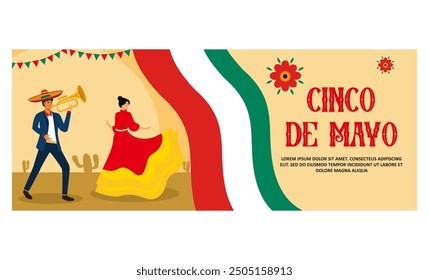 Mexikanische Cinco de Mayo Urlaub Papier geschnitten Banner mit Tänzerinnen und Mariachi Musiker. flache, moderne Vektorgrafik 