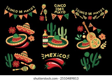 Mexican Cinco De Mayo Holiday Traditionelle Symbole Vektor Kollektion von Sombrero Hut, Gitarre und Maracas Elemente auf schwarzem Hintergrund