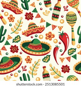 Mexican Cinco de Mayo Holiday Vector Seamless Pattern with Guitar and Maraca. Latin Ethnic Festive Background Design