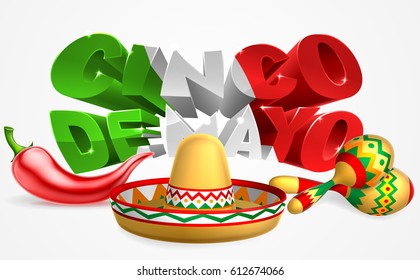 A Mexican Cinco De Mayo label sign decal design with red chilli pepper, sombrero straw sun hat and maracas shakers