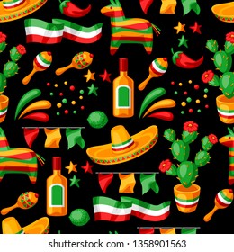 Mexican Cinco de Mayo seamless pattern. National holiday items.