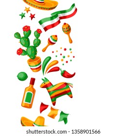 Mexican Cinco de Mayo seamless pattern. National holiday items.