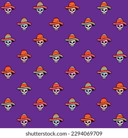 Mexican Cinco De Mayo Skull Wearing Sombrero Hat Seamless Pattern