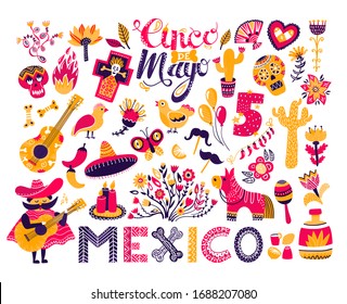 Mexican cinco de mayo vector illustrations. Cartoon traditional folk ornament or party element from Mexico, comic Mexican character with guitar, sombrero, flat pinata, cactus icon isolated on white