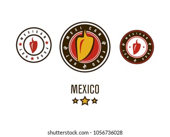 Mexican circle logos in the form of seals with the image of chili pepper and the inscription hot Mexican food