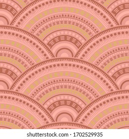 Mexican circular shapes tile design vector seamless pattern. Oriental motifs doodle repeating scallops. Native indian folk circle mandala elements seamless geometric pattern.
