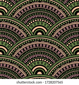 Mexican circular shapes tile design vector seamless pattern. Tribal motifs paisley line art geometry. Native indian folk medallion concentric shapes seamless geometric pattern.