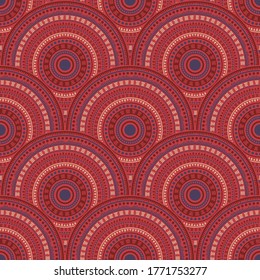 Mexican circular shapes tile design vector seamless pattern. Tribal motifs modern repeating illustration. Native indian ethnic medallion concentric shapes seamless geometric pattern.
