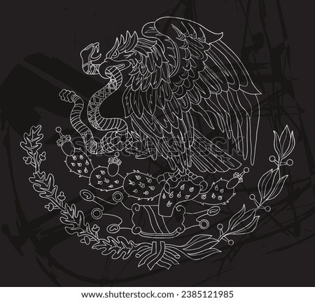 Mexican coat of arms with eagle. Flag emblem. White chalk line on black background. Vector outline illustration