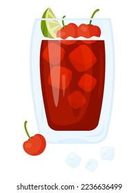 Cóctel mexicano. Margarita de cerezo. Beber alcohólico latinoamericano en vidrio con cubos de hielo, cerezas y lima. Ilustración vectorial en estilo de dibujos animados para el diseño y decoración de temas culinarios.