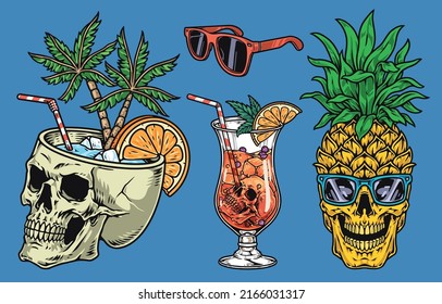 Mexican cocktail set element vintage colorful alcoholic drinks with palm trees and pineapple decorated with skull beach hangout vector illustration