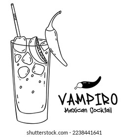 Mexican cocktail Vampiro. Alcoholic drink with tequila, ice cubes, lime pieces and chili peppers. Vector linear hand drawing in doodle style. Latin American Halloween cocktail.