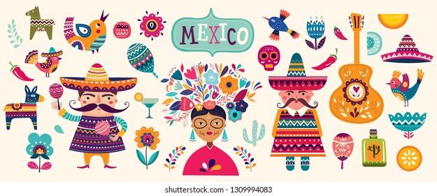 Mexican collection. Beautiful vector illustration with design  for Mexican holiday 5 may Cinco De Mayo. Vector template with traditional Mexican symbols skull, Mexican man, woman, guitar, flowers