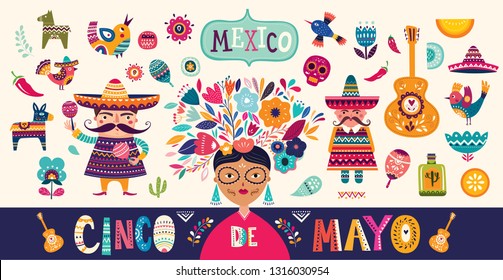 Mexican collection. Beautiful vector illustration with design  for Mexican holiday 5 may Cinco De Mayo. Vector template with traditional Mexican symbols skull, Mexican man, woman, guitar, flowers