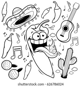 Mexican collection with cartoon mariachi chili pepper. Vector black and white coloring page.