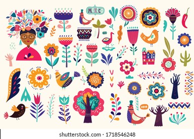 Mexican collection of plants, flowers, red pepper and birds. Colorful stylish Mexican ornaments for decoration projects and fabric and textile patterns. Folk, ethnic pattern