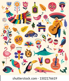 Mexican collection with symbols of Mexico. Mexican decorative vector pattern. Traditional Mexican symbols and decorative elements. Stylish artistic Mexican pattern for decoration of party and holidays