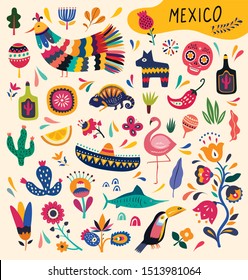 Mexican collection with symbols of Mexico. Mexican decorative vector pattern. Traditional Mexican symbols and decorative elements. Stylish artistic Mexican pattern for decoration of party and holidays