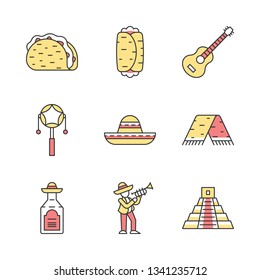 Mexican color icons set. Cinco de Mayo. Traditional food, drink, music, clothes, attractions. Taco, burrito, guitar, drum, man with trumpet, pyramid, sombrero, serape. Isolated vector illustrations
