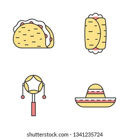 Mexican color icons set. Cinco de Mayo festival. Taco, burrito, mexican pellet drum, sombrero. Isolated vector illustrations