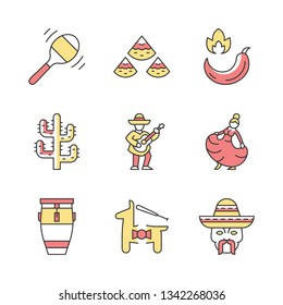 Mexican color icons set. Latin American national music, dance, food, nature, fun, people. Cinco de Mayo festival. Isolated vector illustrations
