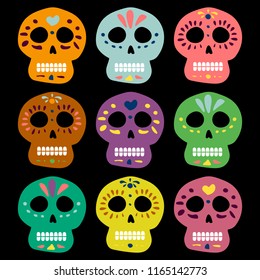Mexican color vector skulls for day of the dead on the black background. Dia de los muertos. Illustration for banner site card walpaper design