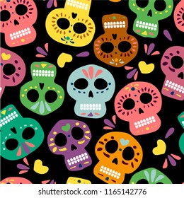 Mexican color vector skulls for day of the dead on the black background. Dia de los muertos. Illustration for banner site card walpaper design