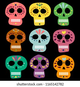 Mexican color vector skulls for day of the dead on the black background. Dia de los muertos. Illustration for banner site card walpaper design