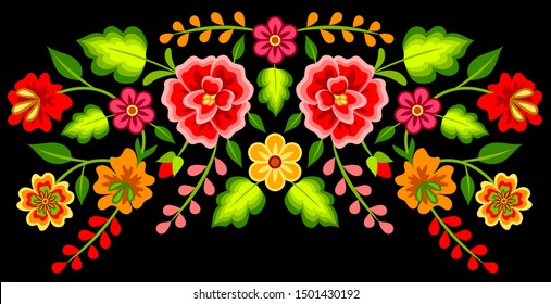 Mexican colorful bright floral border decoration on black background