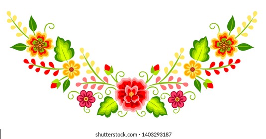 Mexican colorful bright floral corner decoration isolated on white