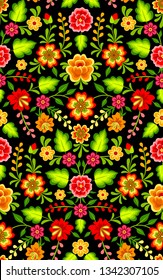 Mexican colorful bright floral ornament on black background