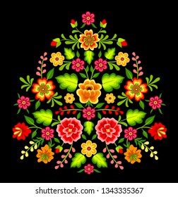 Mexican colorful bright floral ornament on black background