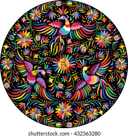 Mexican colorful and ornate ethnic round frame pattern. Birds and flowers on the black background. 