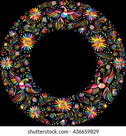 Mexican colorful and ornate ethnic round frame pattern. Birds and flowers on the black background.