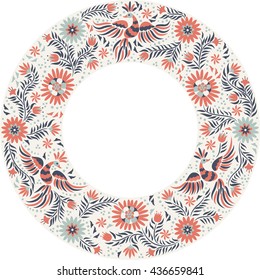 Mexican colorful and ornate ethnic round frame pattern. Red and gray Birds and flowers on the light background.