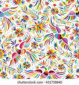 Mexican colorful and ornate ethnic seamless pattern. Birds and flowers on the light background