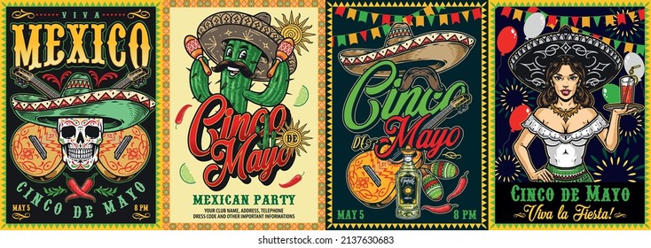 Mexican colorful vintage posters set with calavera skull against crossed painted guitar, prickly cactus shaking maracas, waitress with cocktail on tray, sombrero, mustache and tequila, vector