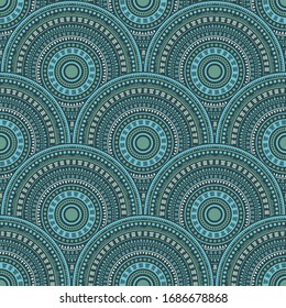 Mexican concentric elements carpet design vector seamless pattern. Tribal motifs geo repeating scallops. Native indian folk overlapping circular shapes seamless geometric pattern.