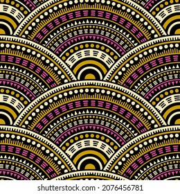 Impresión vectorial sin fisuras de elementos concéntricos mexicanos. Los motivos étnicos abstraen las vieiras repetidas. La mandala étnica india nativa da forma a un patrón de motivos geométricos sin fisuras.