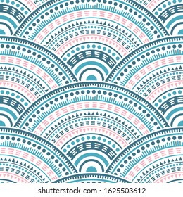 Mexican concentric elements tile design vector seamless pattern. Ethnic motifs wavy line art geometry. Native indian folk medallion concentric shapes seamless geometric pattern.