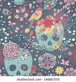 Mexican concept background with flowers, skulls and birds. Concept tattoo theme wallpaper. Seamless pattern can be used for wallpaper, pattern fills, web page background, surface textures.