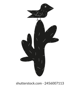 Mexican concept with Woodcut bird on the Cactus isolated transparent background. Simple black raven in trend Brazilian Cordel style. Brutal vector can used card cover design, t-shirt print, banner 