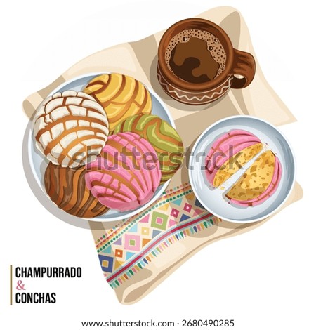 Mexican Concha Sweet Breads with Hot Chocolate in Clay Mug on Kitchen Towel Top View Illustration - Authentic Latin American Pan Delus Pastries.
