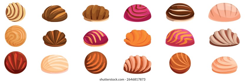 Mexican conchas icons set. Set of concha bread icons featuring various flavors and decorations of this traditional mexican sweet bread