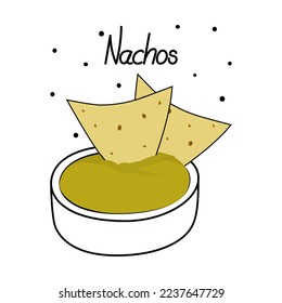 Mexican Corn chips Nachos with Guacamole sauce green hue in a saucer and inscription of the Nachos.