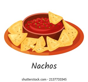 Mexican Corn Chips Nachos With Salsa Dip. Corn Tortilla Chips Traditional Food. Mexican, Street, Home Food Icon For Menu. Vector Illustration Isolated On White Background.