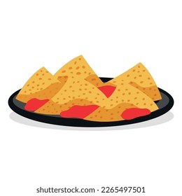 Mexican corn chips nachos with salsa dip. Corn tortilla chips traditional food. Mexican, street, home food icon for menu. Vector illustration Isolated on white background.